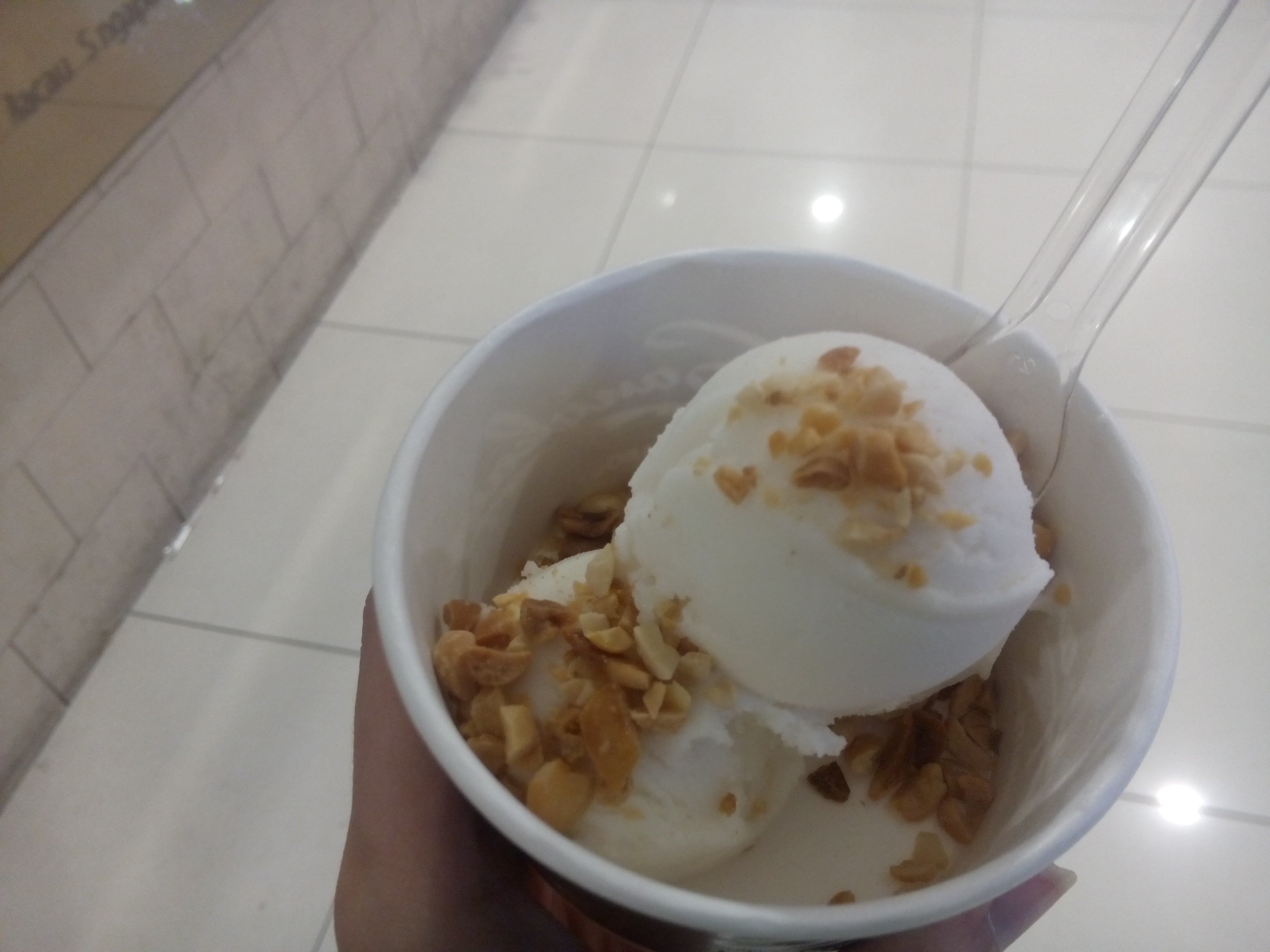 A hand holding a bowl of white ice cream covered in peanuts