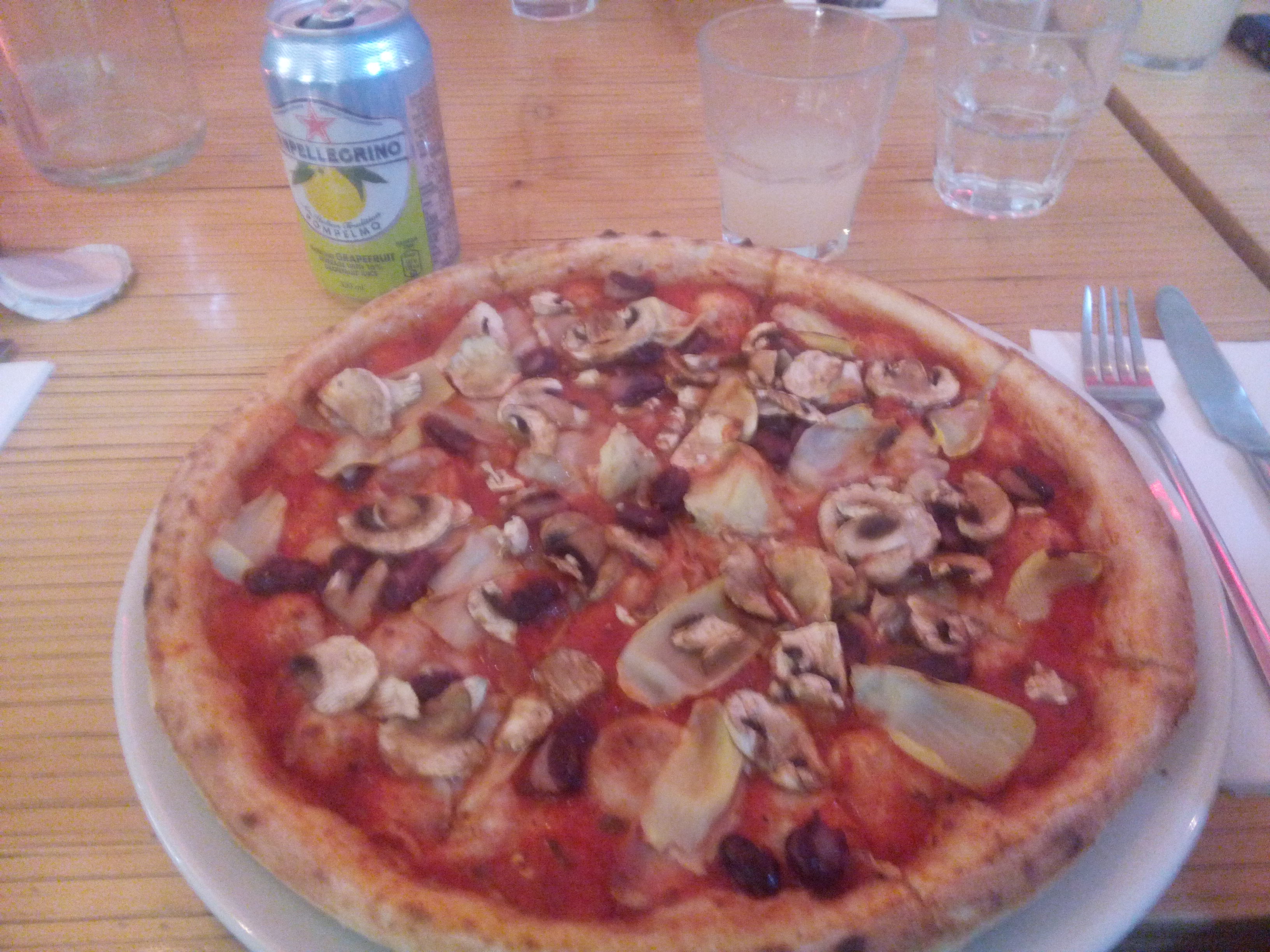 A pizza with tomato sauce, kidney beans, artichoke and mushrooms (but no cheese)
