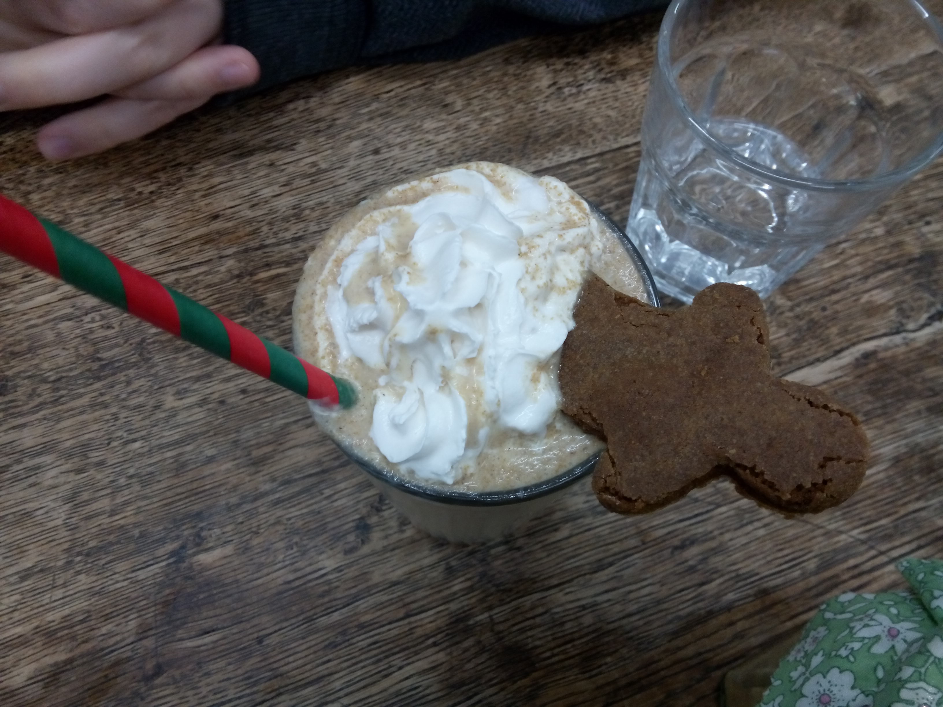 A milkshake with a swirl of cream on top, a red and green straw, and a gingerbread man