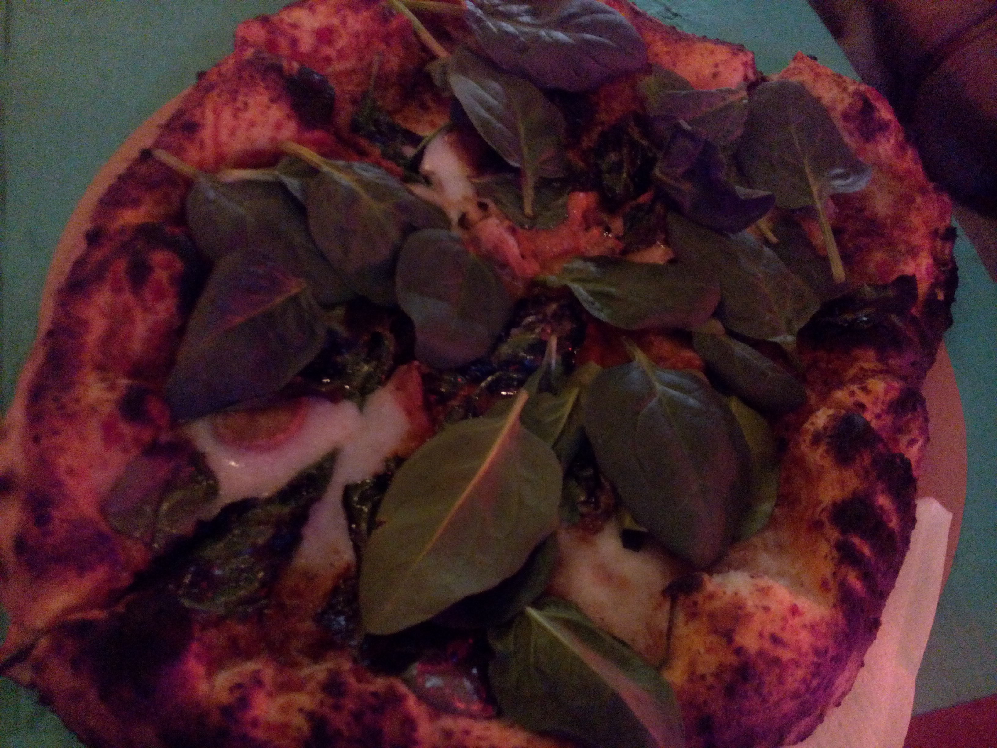 Dimly lit pizza with leaves on