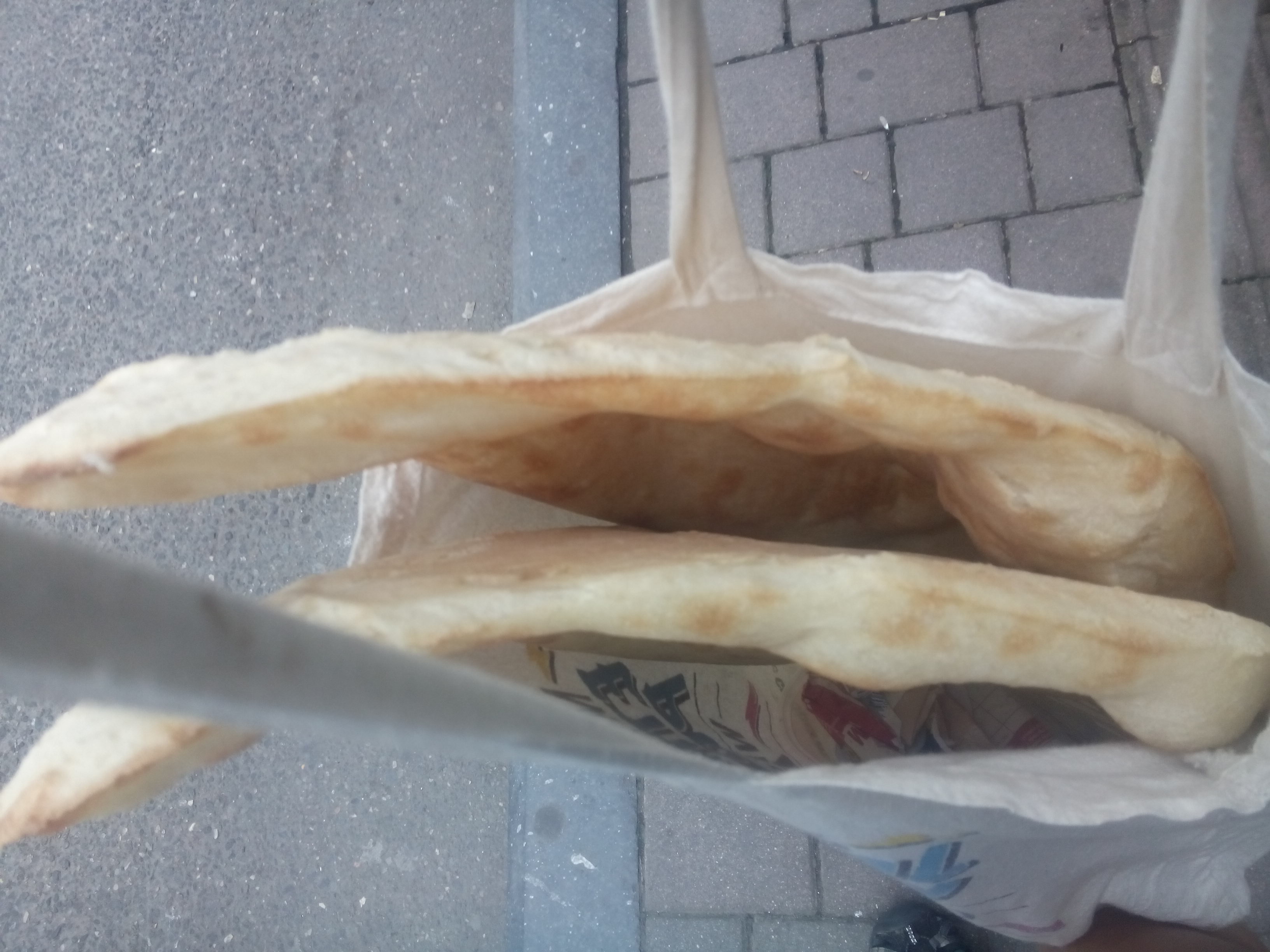 A cloth bag with two giant breads poking out