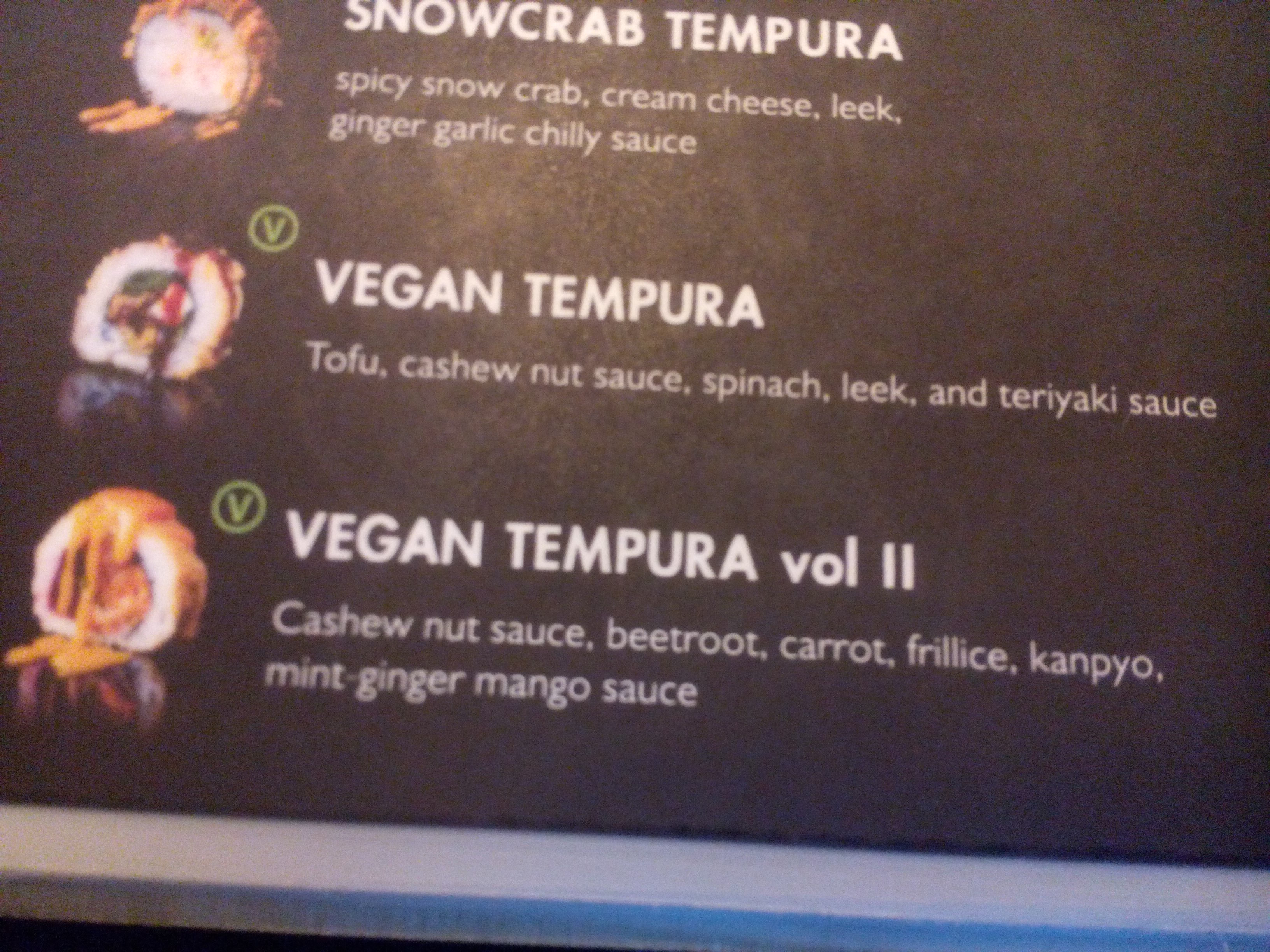 Vegan tempura menu