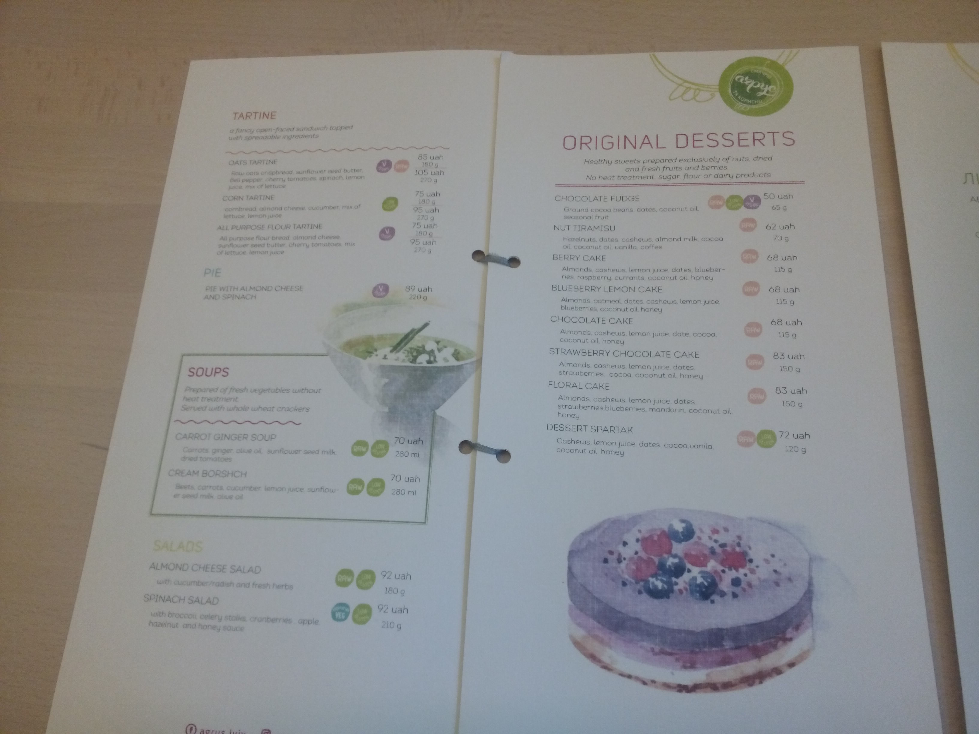 Colourful paper menus for tarts, soups, salads and desserts