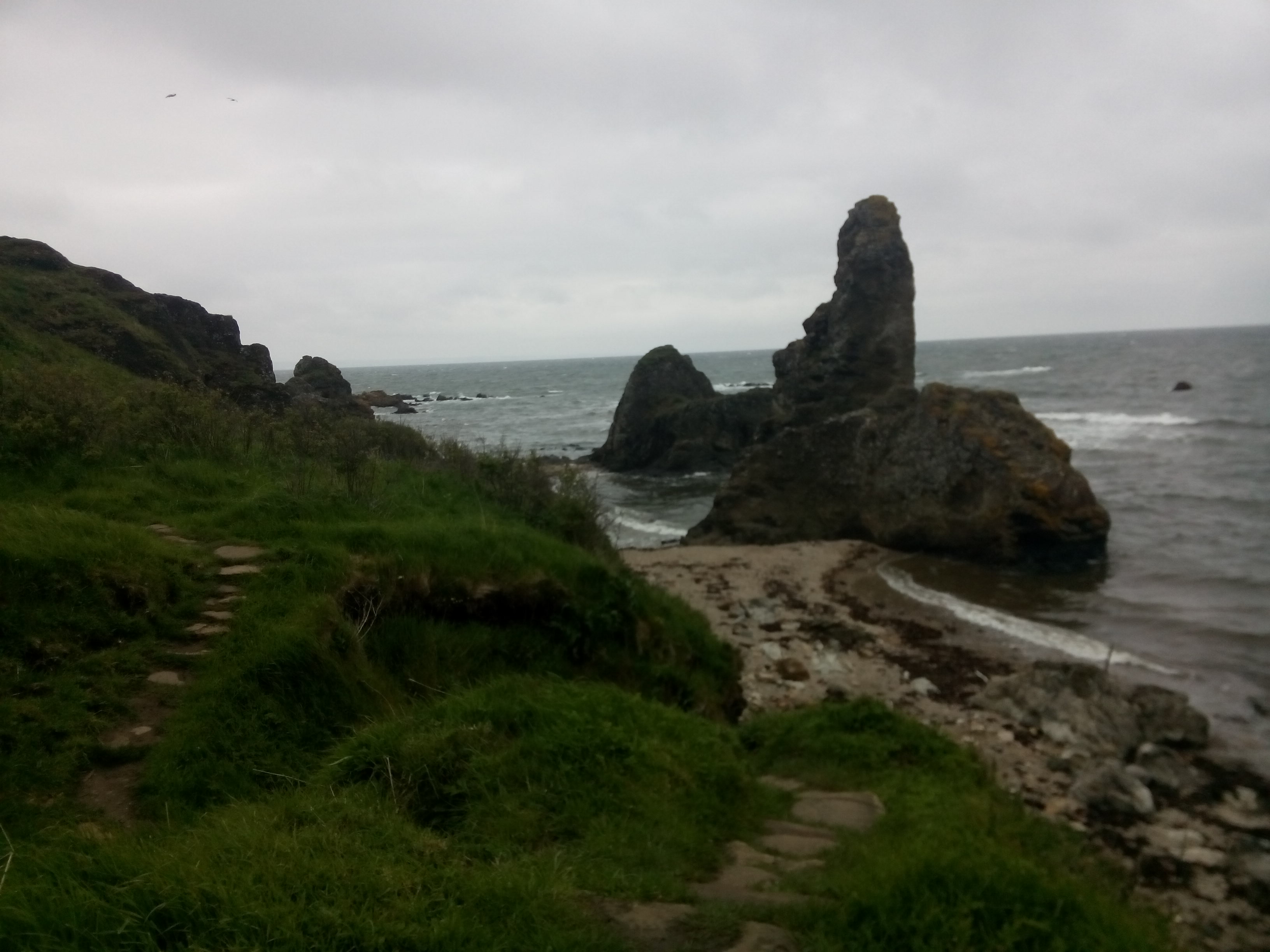 Narrow steps wind down through grass covered rocks with rock formations out to sea
