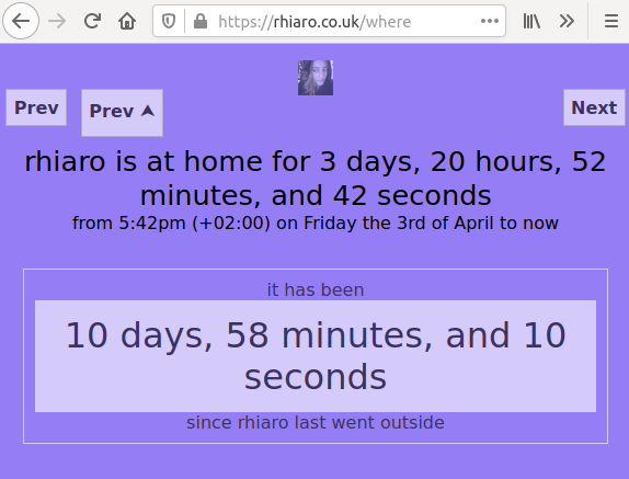 screenshot of a webpage that says number of days since rhiaro went outside