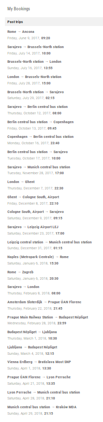 A screenshot of the flixbus bookings listing which is a long list